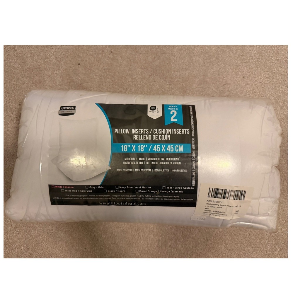 NEW Sealed Throw Pillow Inserts Set of 2- 18" x 18" White by Utopia Bedding